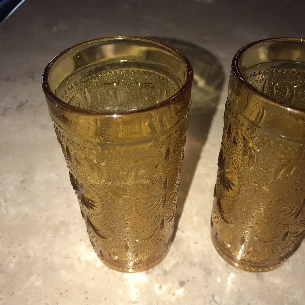 4 Vintage Amber Glasses Indiana Glass Tiara Starburst Textured 5 1/4